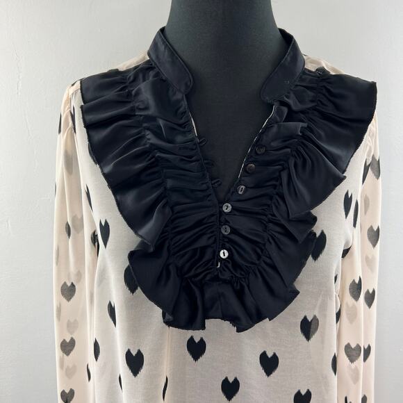 H&M Divided Beige Black Heart Ruffle Neckline Button-Down Long Sleeve Blouse M? - Picture 3 of 6